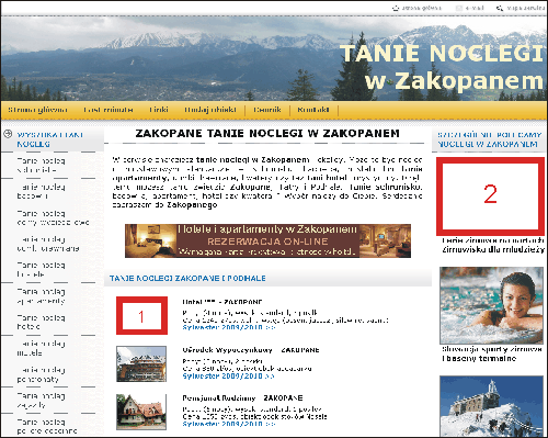 Tani nocleg w zakopanem - położenie reklam w serwisie